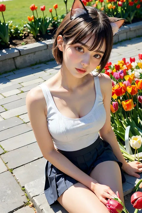 Masterpiece, bokeh,  (Tulips background:1.4), (Holding Tulips bouquet:1.3), (Beautiful face), (Detailed face), (Japanese idle), (White tanktop:1.3), (Pleated skirt:1.3), (Blushed face:1.3), (Plump breast:1.2), (Sitting in colourful Tulips garden:1.5), (Cat...