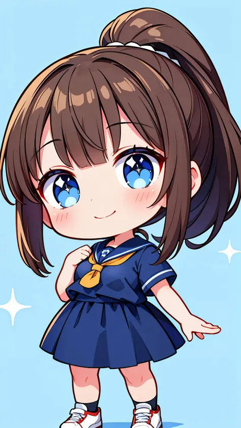 (8k, Best image quality, Highest quality, masterpiece), Detailed face, ((Loli girl)),, Brown Hair, ponytail、black eye,Long eyelashes、 Large Breasts, ,Standing、Looking Ahead、smile、sneakers、 Blue Sailor Suit、Sparkly Background