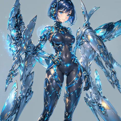 ((Holographic glow effect)),(masterpiece、Highest quality、Highest Resolution、Clear_image、Detailed details、Angle from above): (Whole body、One 20 year old girl、Japanese Faces、Small Face、Slender、Navy blue super short bob cut hair、(Hidden small breasts:1.3)、Spa...