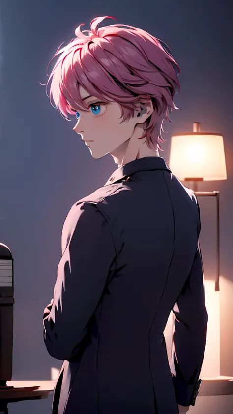 1 boy , Boy medium light Pink hair, light blue eyes, wearing black suit 4D, night town , high res, ultrasharp, 8K, masterpiece, looking from behind