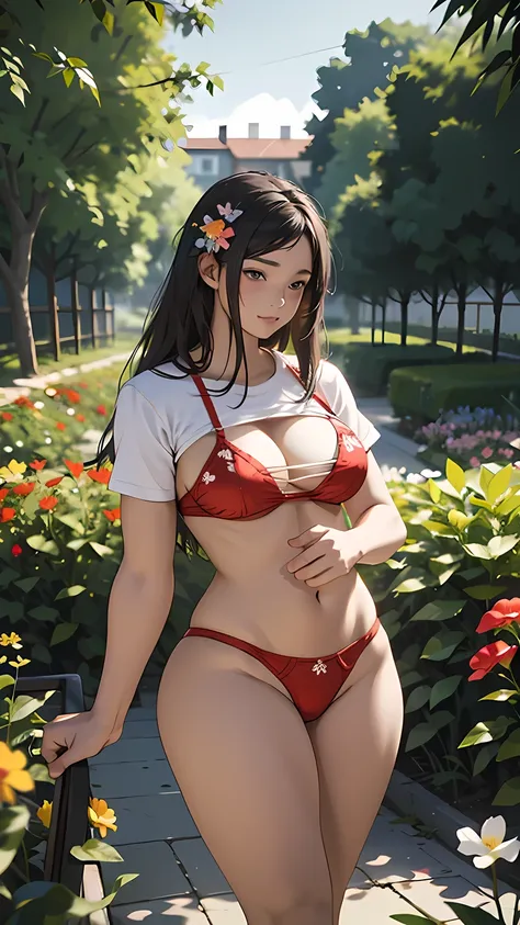 A young woman is plucking flowers in a flower garden. She is wearing red underwear. She has big hips. It is evening.