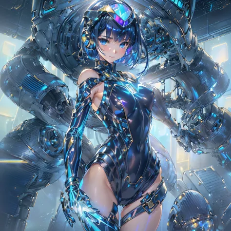 ((Holographic glow effect)),(masterpiece、Highest quality、Highest Resolution、Clear_image、Detailed details、Angle from above): (Whole body、One 20 year old girl、Japanese Faces、Small Face、Slender、Navy blue super short bob cut hair、(Hidden small breasts:1.3)、Spa...