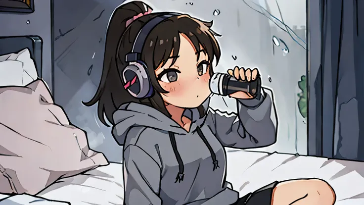 (Girl sitting on bed, brunette, medium hair, ponytail, grey hoodie, long sleeves, miniskirt,), (drinking coffee, listening to music on headphones, watching the rain fall)