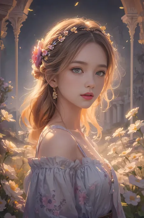 A woman with a flower crown in her hair is standing in a garden, Beautiful fantasy art portraits surrounded by lots of flowers, Beautiful Art UHD 4K, beautiful fantasy portrait, fantasy art portraits, Beautiful fantasy art, Fantasy art style, Beautiful dig...