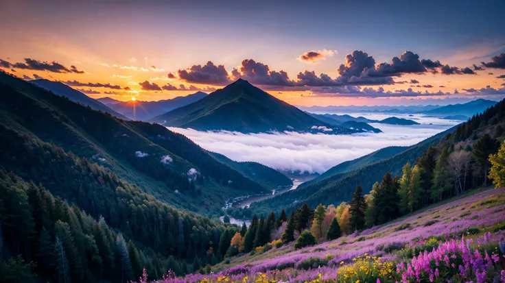 Beautiful view of the mountains, Orange and purple clouds at sunset, Enchanting and magical.