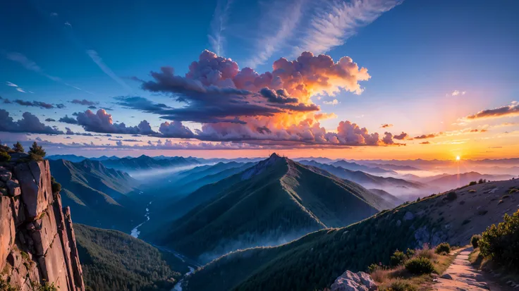 Beautiful view of the mountains, Orange and purple clouds at sunset, Enchanting and magical.