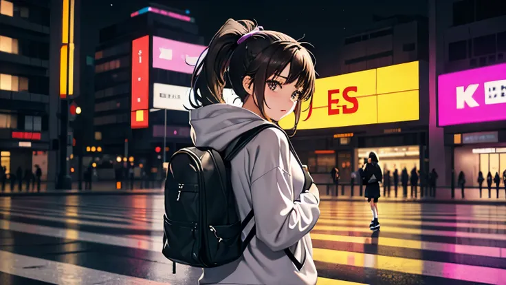 (One girl standing on a crosswalk, brunette, medium hair, ponytail, gray hoodie, long sleeves, black backpack, purple basketball shoes, mini skirt), (public, outdoors, road sign, city, nobody)