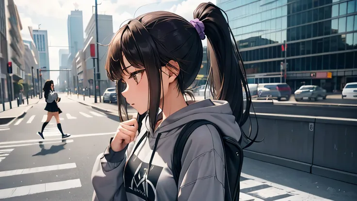 (One girl standing on a crosswalk, brunette, medium hair, ponytail, gray hoodie, long sleeves, black backpack, purple basketball shoes, miniskirt), (Upper body), (Public, Outdoor, Road sign, City, No one)