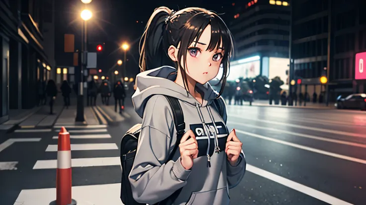 (One girl standing on a crosswalk, brunette, medium hair, ponytail, gray hoodie, long sleeves, black backpack, purple basketball shoes, miniskirt), (Upper body), (Public, Outdoor, Road sign, City, No one)