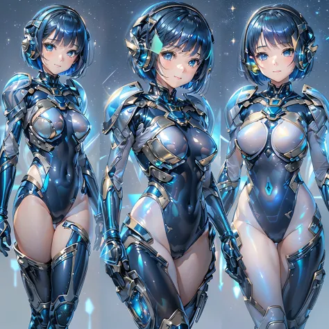 ((Holographic glow effect)),(masterpiece、Highest quality、Highest Resolution、Clear_image、Detailed details、Angle from above): (Whole body、One 20 year old girl、Japanese Faces、Small Face、Slender、Navy blue super short bob cut hair、(Hidden small breasts:1.3)、Spa...