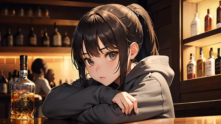 (One girl sitting at a bar counter, brunette, medium hair, ponytail, gray hoodie, long sleeves,), (Upper body), (Cocktail glass, Whiskey bottle, Long counter)