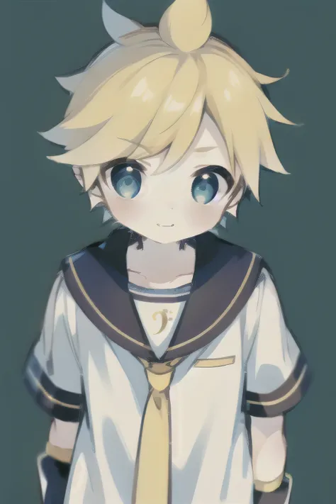 Highest quality, (high quality),eye highlights,arms are thin, thin body,face,from front,(portrait),((very short hair)),look at viewer,droopy eyes,smile,shy,Pouting mouth,open your mouth and laugh,(((chilled boy))), (1 boy),kagamine len,yellow hair, spiked_...