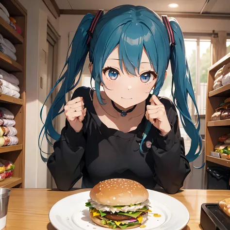 Hatsune Miku、An illustration、There is a big hamburger on a plate on the table.、Clothes are short-sleeved、