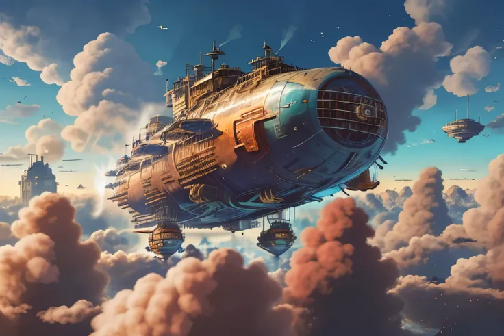 steampunkai, steampunk big airship, mechanical, leonardo da vinci's propeller, clear sky, flying high in the sky, (realistic), f...