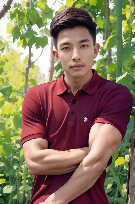 armface , Handsome young man standing, (have a mustache:1) ,(buzz cut:1.1), (short hair:1.2), The forearms are muscular., (Tight T-shirt:1.5),(dark red polo shirt:1.5), Jeans, Big muscles, Handsome and muscular, full body angle, (Fitness:1.1), natural ligh...