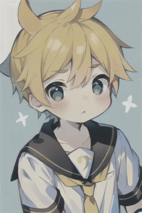 Highest quality, (high quality),eye highlights,arms are thin, thin body,own hands together,face,from front,(portrait),((very short hair)),look at viewer,droopy eyes,shy,Pouting mouth,open your mouth and laugh,(((chilled boy))), (1 boy),kagamine len,yellow ...