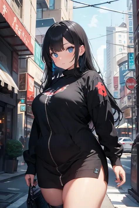 Chubby beautiful woman, septum piercing, black long hair with bangs, bright blue eyes, lots of cats and pitbulls around her, standing in a cyberpunk themed city