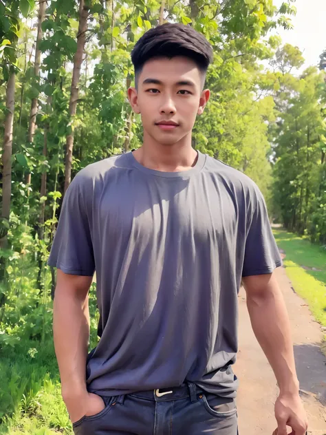 armface , Handsome young man standing, teeth showing, (have a mustache:1) ,(buzz cut:1.1), (short hair:1.2), The forearms are muscular., (Tight T-shirt:1.5),(Grey shirt:1.5),Jeans, Big muscles, Handsome and muscular, full body angle, (Countryside house, ri...