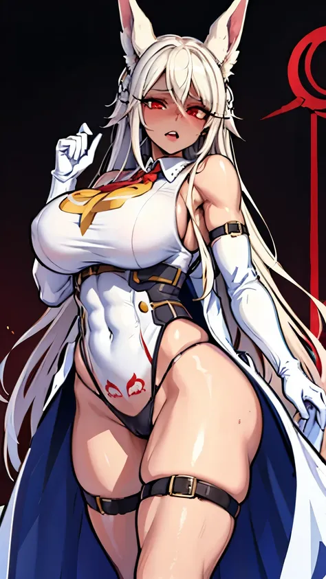 (masterpiece, high quality), arrogant 1girl, mirko (my hero academy), dark skin, white hair, red eyes, huge breasts, muscular,  many abdominal muscles, sweat, steam, bunny girl, gloves, tattoo, drooling, blushing, wide hips