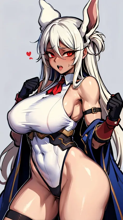 (masterpiece, high quality), arrogant 1girl, mirko (my hero academy), dark skin, white hair, red eyes, huge breasts, muscular,  many abdominal muscles, sweat, steam, bunny girl, gloves, tattoo, drooling, blushing, wide hips