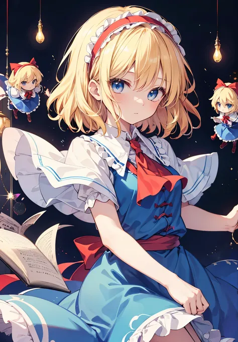 1girl, alice margatroid (touhou), blue eyes, medium hair, blonde hair, white capelet, blue dress, frilled dress, frilled ascot, red ascot, puffy short sleeves, red hairband, lolita hairband, frilled hairband, grimoire of alice, doll,