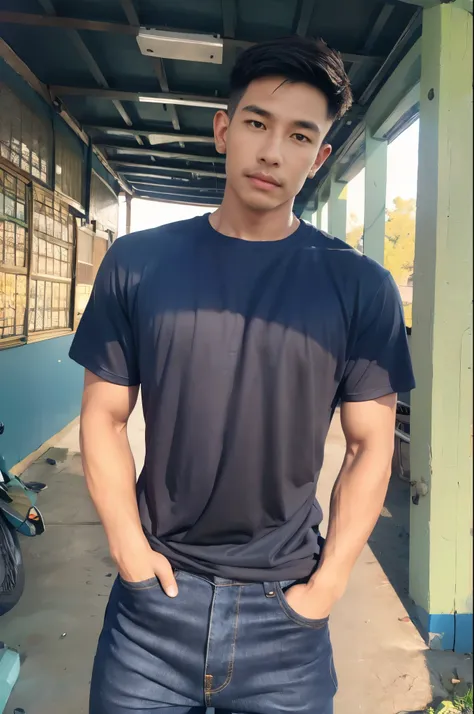 armface , Handsome young man standing, (have a mustache:1) ,(buzz cut:1.1), (short hair:1.2), The forearms are muscular., (Navy blue tight-fitting T-shirt:1.5),Jeans, Big muscles, Handsome and muscular, full body angle, (river:1.3), natural light 