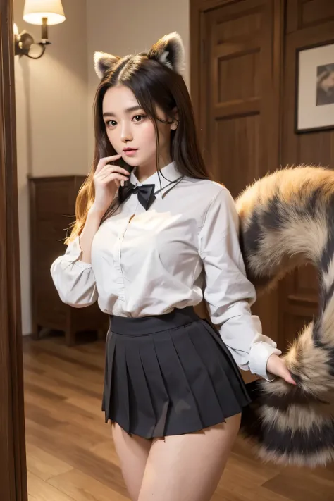 ((Highest quality, 8k)), ((masterpiece)), (Highest Resolution), Perfect Face, Woman with a raccoon tail, Female college student, Beautiful woman, public, ending, She has a thick tail, Big raccoon tail, She has a brown raccoon tail in her skirt., She wags h...