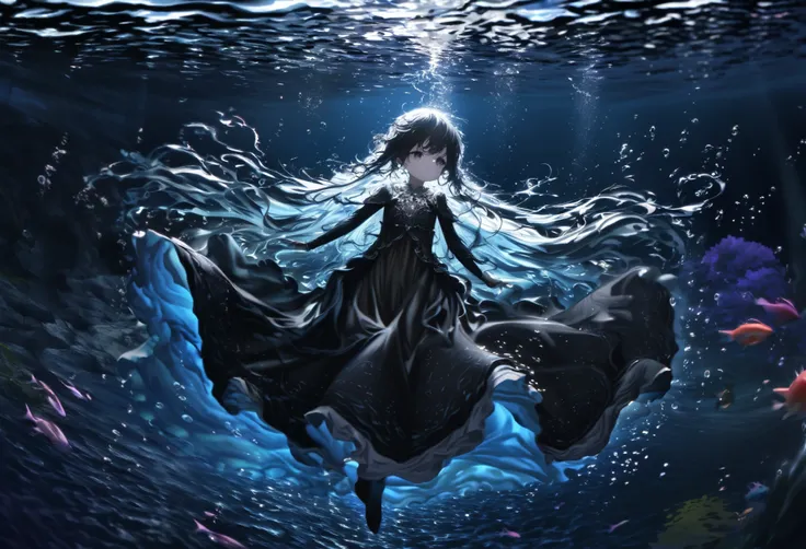 (full body), (solo), (A 7-year-old girl:1.2), (very young little girl), loli, (Solo), (small breast), (wide angle), raw photo, Aesthetic, Convoluted, Awarded, chiaroscuro, Best Quality, Detailed background, (underwater atmosphere:1.2), (underwater photo, f...