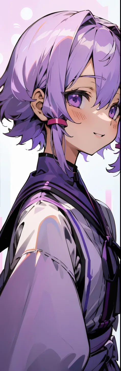 １girl、Yuitsuki Yukari、Light purple hair、short hair、(Hair between the eyes) )、Blouse shirt with ethnic patterns and primary colors、profile、smile、Upper body close-up