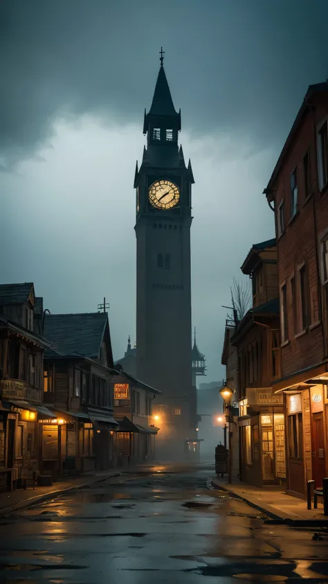 A realistic image of a spooky town where time has stopped。The scene is in an old, abandoned town square.、Cracked cobblestones and overgrown with weeds。In the center there is a clock tower、The hands of the broken clock are stuck at midnight。The surrounding ...