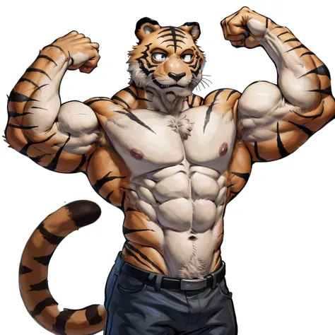 (by meesh, by zackary911, by by null-ghost), Bill, (From the Netflix anime Beastars) muscular, male, tiger, solo, bill (beastars), stripes, clothed, leather jacket, clothed, standing, night, akihabara, fluffy, male, male chest, large waist, largest pectora...