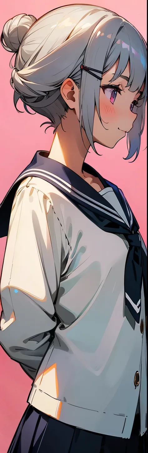 (Highest quality、High resolution:1.2)、Silver-haired schoolgirl、Short silver bob hair tied in a bun with a hair clip、Pink Eyes、blush、smile、profile、Put your arms behind your back:1.2、Upper body close-up、Sailor suit、Sakura Park、Sharp contours、Tomboy、boyish、Hi...