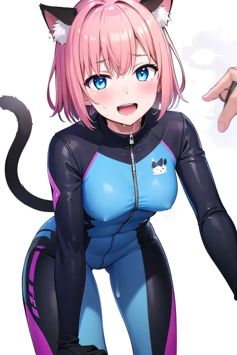 girl,boyish, very short hair, pink Hair, medium Breasts,Black glossy tight suit,Cowboy Shot,blush,sexy face,blue eyes,front leg pose,Tight fit,clearly,Striped pattern, (white background:1.3), cat ears, cat tail, BRAKE (sweat:1.5), (steam:1.2), (masturbatio...