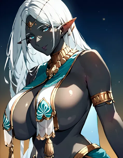 masterpiece, score_9_up, score_8_up, score_7_up, source_anime, best quality, extremely detailed, 1girl, milf, solo, (colored skin, black skin:1.8), reAshley, (large breasts:1.7), ((((white hair), long hair, blue eyes, pointy ears))), parted lips, (((arabia...