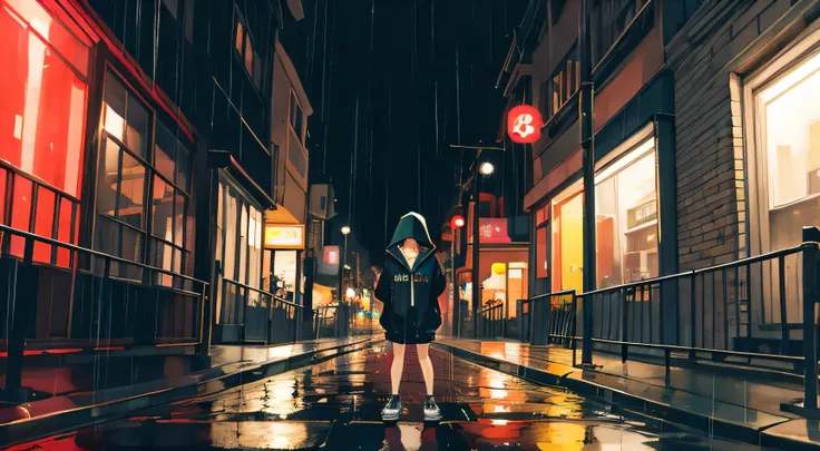 masterpiece, One girl, alone, Unbelievably absurd, hoodie, Headphones, street, Outdoor, rain, neon, night