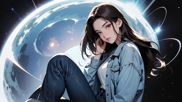 A beautiful woman. Dark brown hair. Twenty years old. She has a serious expression on her face. She wears blue jeans as a jacket. There is a circular wormhole that shines pale and white in the space behind her.