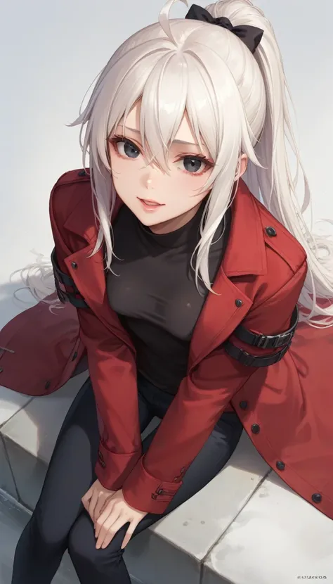 score_9, score_8_up, score_7_up, masterpiece, absurdres, 1girl, white background, black eyes, white hair, long hair, ponytail, (((long straight hair))), ahoge, long hair, small breasts, expressive eyes, hair between eyes, clothed, sitting, adult, pale face...