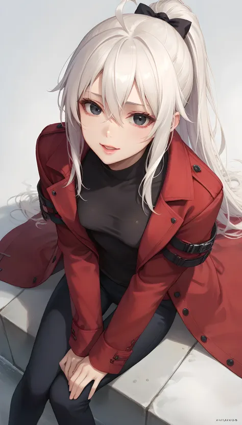 score_9, score_8_up, score_7_up, masterpiece, absurdres, 1girl, white background, black eyes, white hair, long hair, ponytail, (((long straight hair))), ahoge, long hair, small breasts, expressive eyes, hair between eyes, clothed, sitting, adult, pale face...
