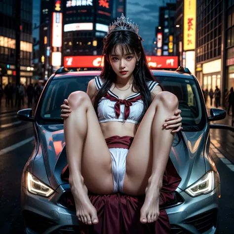 SFW, (Closeup from Crotch to Face) ExtremelyDetailed (SchoolGirl Lean against the Car) Spread Knees Up, perfect face, Brilliant(Tiny Crown), Detailed(Delicate Clothing textures) Sailor Uniform with Red Ribbon (((WhitePanties))), PerfectHand with Childish 4...