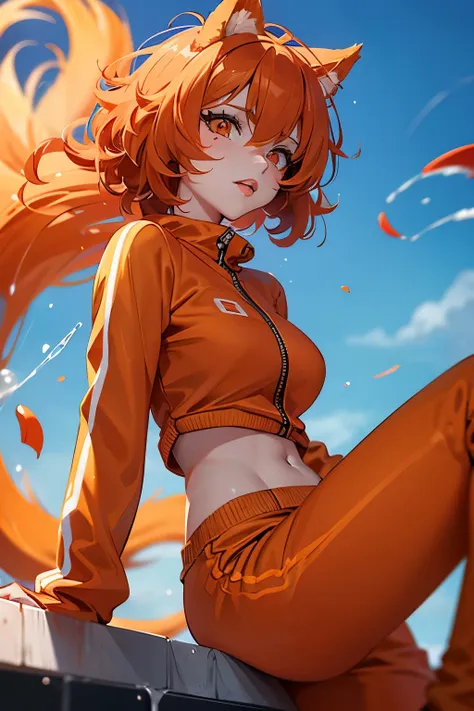 orange-eyed girl, short orange hair ending in soft curls, orange catgirl ears and tail, (full lips: 1.2), orange tracksuit, (she...