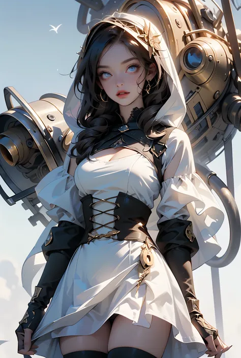 (((masterpiece, of the highest quality, super detailed))), (a witch belonging to an occult order of knights), (a knight crossed with a witch), Victorian era inspired, ((minimal but intricate beautiful armour)), Fluttering lace flared dress with frilly pett...