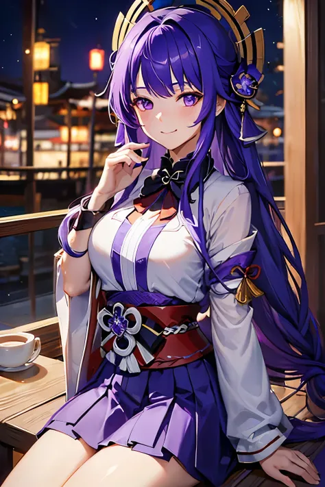 (8k, RAW photo, best quality, masterpiece: 1.2), ultra-detailed, 1 girl, (2heads: 1.5), yae miko character, raiden_shogun character, cute, solo, beautiful detailed sky, detailed coffee, night, sitting, (flushed nose), (smile: 1.1), (mouth closed), beautifu...