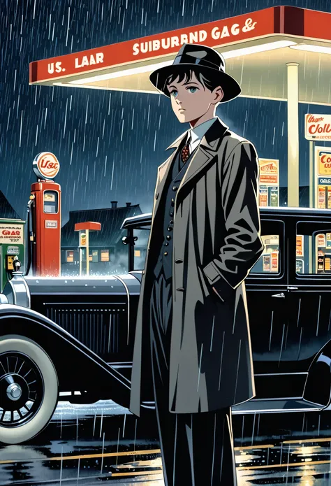 highest quality, color image, boy, stern look, in a light shirt, in a black vest, in black trousers, in a coat, in a black fedora hat, night, stands by the car, at a suburban gas station, rain, no alcohol law, USA, 1929 year