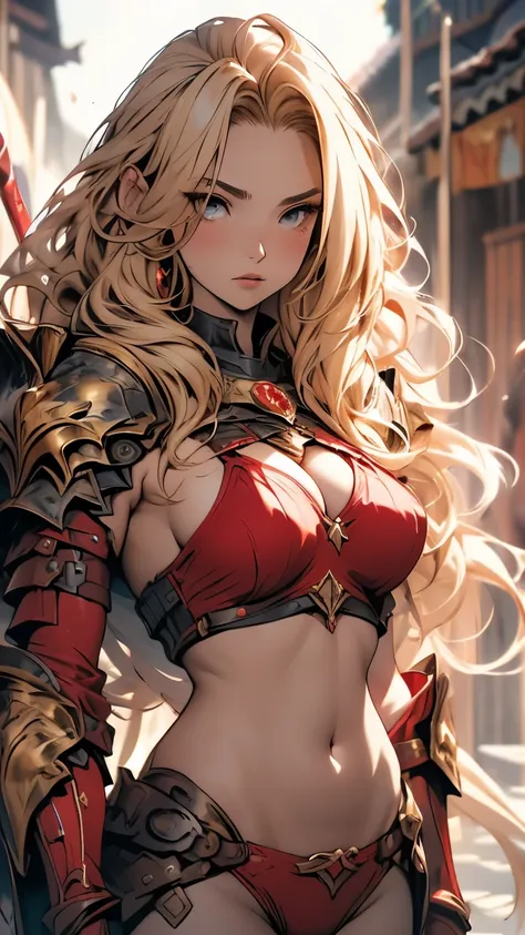 golden wavy long hair、sleepy expression、embarrassing、red metallic bikini、female knight、huge breasts、underboob、sideboob、gold armo...