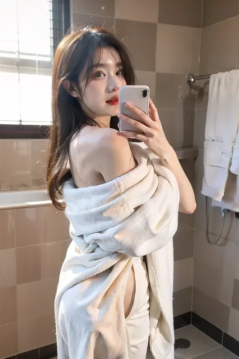 ((best quality)), ((masterpiece)), (detailed), 1 Girl, In the bathroom，There was a bath，Wrap in a bath towel，Take private photos