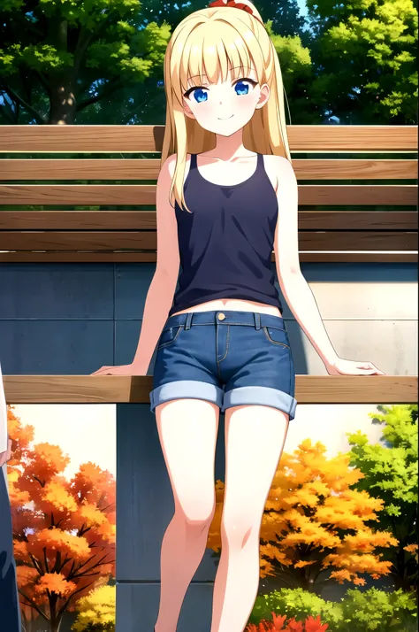 (masterpiece, Best Quality:1.2), absurdities, perfect anatomy, 1 girl, (cocky smile:1.2), to throw, looking at the viewer, hand on cheek, blunt bangs, outdoor, autumn, rosa , ( Denim shorts:1.1), Focus only, Soft lighting, public park, (blue eyes), Airi Ak...