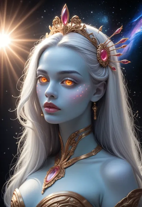 a beautiful female alien girl, extraterrestrial, detailed face, large expressive eyes, thin eyebrows, sharp nose, full lips, flawless skin, long flowing silver hair, elegant head ornaments, slender graceful body, alien anatomy, intricate alien costume, flo...