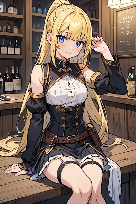 fairy_tail_style, solo, 1 girl, (young female body:1.4), (medium small breasts), golden yellow hair, extra long hair, blunt bangs, crystal blue eyes, very detailed eyes, cowboy shot, detailed eyes, tavern, bar, sitting, gray dress, long sleeves, grey corse...