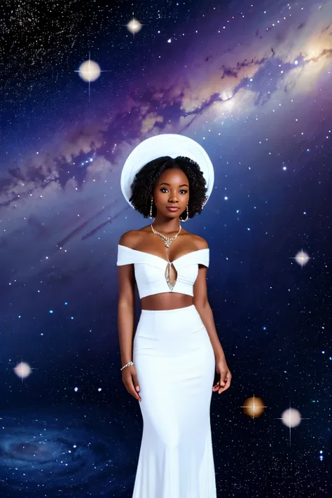 In the middle of a galaxy full of stars, a haitian woman dressed in white