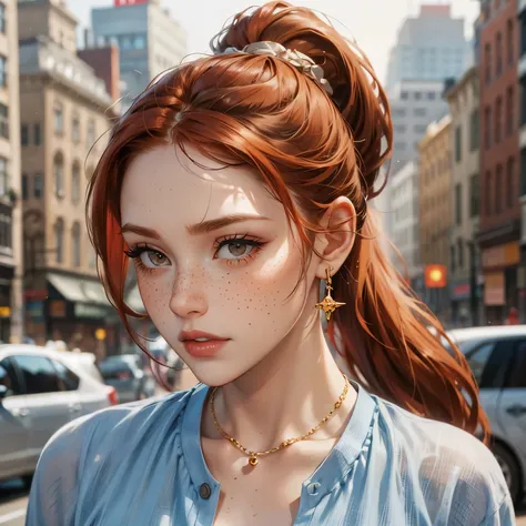 ginger, freckles, jewellery, top, make up, ponytail, city